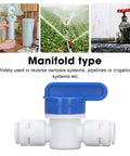 Slick Quick Connect Shut Off Valves For 1/4 Inch Water Line Tubing showing a white manifold valve with blue lever for irrigation use.