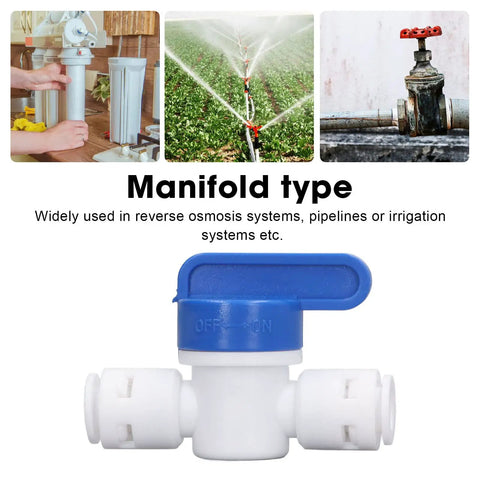 Slick Quick Connect Shut Off Valves For 1/4 Inch Water Line Tubing showing a white manifold valve with blue lever for irrigation use.