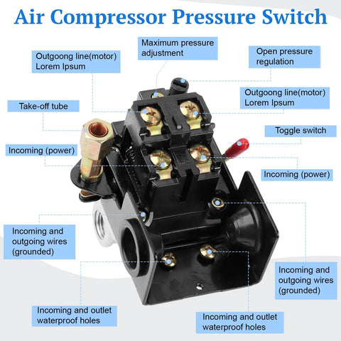 Heavy Duty Four Port Air Compressor Pressure Switch One Quarter Inch NPT 95 To 125 Psi 20 Amp 120 Volt with labeled features