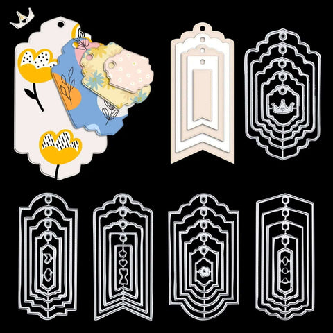 Five Set Of Thirty Six Bookmark Die Cuts And Tag Dies With Embossing Stencils for scrapbooking crafts displayed on black background