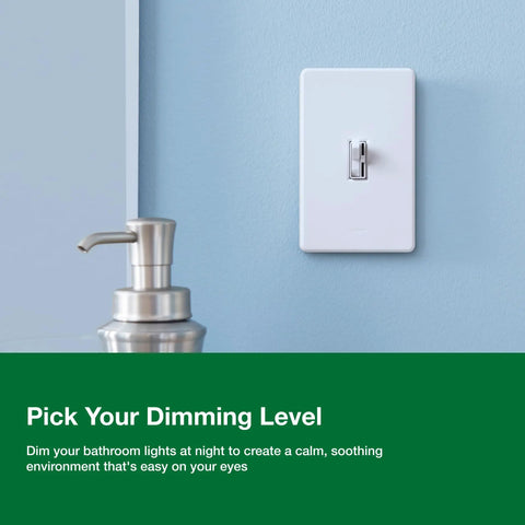 White flicker free dimmer switch for dimmable LED halogen and incandescent lighting 150W, installed in bathroom.