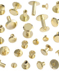 Various sizes of gold Chicago screws from the Badass Dope Gold Chicago Screws Rivet Kit for leather crafting.