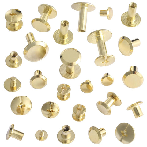 Various sizes of gold Chicago screws from the Badass Dope Gold Chicago Screws Rivet Kit for leather crafting.