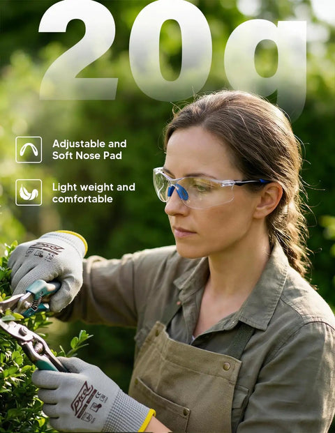Person wearing Four Pack ANSI Z87.1 Safety Glasses for Men and Women With Clear Scratch Resistant Lenses UV Protection Soft Silicone Nose Pads and Four Color Temples Built for Lab and Workshop Protective Eyewear.