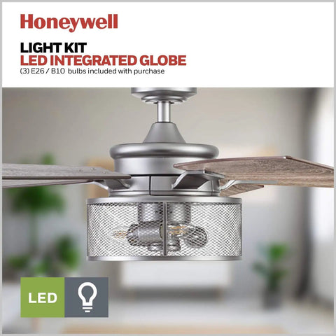 Close-up of Carnegie 52 Inch Industrial Style Indoor LED Ceiling Fan with light and mesh-covered bulb, remote control shown