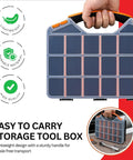 Portable 18 Compartment Parts Organizer Box With Removable Plastic Dividers For Screws Nuts Bolts Nails Orange Durable Storage Case For Garage Workshop And Craft Room A Real Handy Must Have, shown with handle and clear lid.