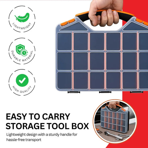 Portable 18 Compartment Parts Organizer Box With Removable Plastic Dividers For Screws Nuts Bolts Nails Orange Durable Storage Case For Garage Workshop And Craft Room A Real Handy Must Have, shown with handle and clear lid.