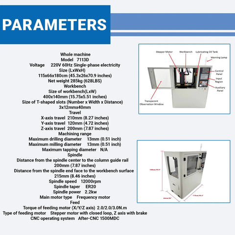 Parameters of CNC Milling And Drilling Machine Benchtop With 400 By 140 Millimeter Workbench ER20 Spindle Up To 12000 RPM