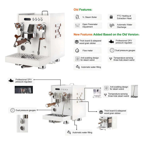 All In One Hot And Cold Milk Frother Steamer With 2850W Power 15 Bar Pressure And 58mm Group Head on a white body with professional gauges.