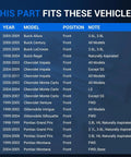 Chart showing compatible GM models for CV Axle Front Assembly Left And Right For Chevy Buick Pontiac And Oldsmobile Models Including Impala LaCrosse Regal Grand Prix Century Intrigue And More Ride Ready Replacement.