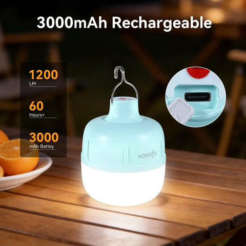 20W LED Camping Lantern Rechargeable, 1200LM Output, 3000mAh Battery on a table showing USB-C charging port.