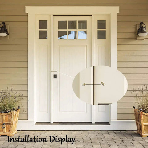 Gate Hook and Eye Latch with Screws Cabin for Sliding Window Barn Door shown installed on a white double door.