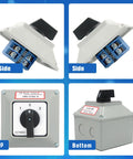 Three Position Rotary Changeover Switch Kit With Box 660V Two Pole 40A IP65 CE Rated 8 Terminals shown from multiple angles.