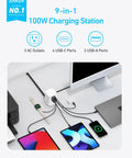 Sick 9-In-1 Desktop Power Hub With 100W Rapid Charging Engine And 300J Heavy Duty Surge Shield featuring devices charging on a desk.