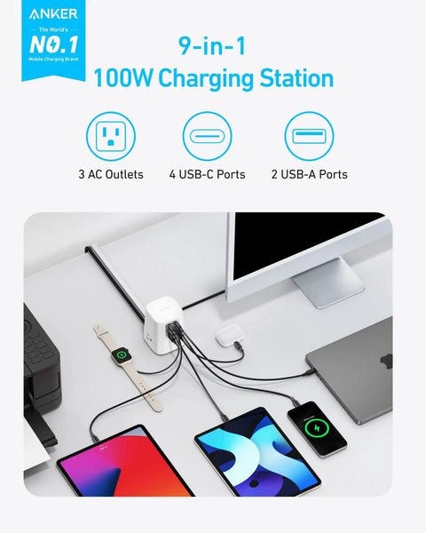 Sick 9-In-1 Desktop Power Hub With 100W Rapid Charging Engine And 300J Heavy Duty Surge Shield featuring devices charging on a desk.