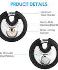 Close-up of stainless steel 10 Pack 70 mm Keyed Alike Disc Padlocks Outdoor Round Stainless Steel Tough Built To Last With Keys For Storage Units Sheds Garages Fences Rubber Bumper Sheath Black, highlighting features like hardened steel shackle, brass locking cylinder, and fully shrouded disc design.