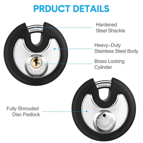 Close-up of stainless steel 10 Pack 70 mm Keyed Alike Disc Padlocks Outdoor Round Stainless Steel Tough Built To Last With Keys For Storage Units Sheds Garages Fences Rubber Bumper Sheath Black, highlighting features like hardened steel shackle, brass locking cylinder, and fully shrouded disc design.