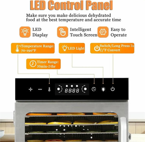 Top Shelf Electric Food Dehydrator Delivering Hella Steady Airflow For Smooth Jerky Fruit Vegetable Herb Drying And Long Lasting Storage With Massive Stainless Steel Trays LED control panel with digital display and adjustable timer.