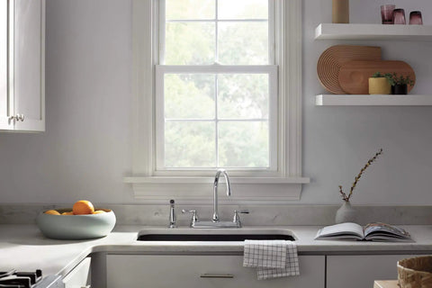 Elmhurst Two-Handle Kitchen Faucet With Spray, Deck-Mount Chrome Finish, 360 Degree Gooseneck Swivel for Easy Toggling, ADA Compliant, Fits 4-Hole Install, Ceramic Cartridge, 1/2 In NPSM Inlets, Anti-Siphon Valve, Easy Install