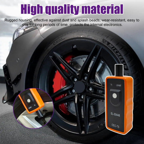 Pro Grade TPMS Relearn Tool For Tire Pressure Monitoring System Sensors Activation And Auto Program Reset, on black wheel.
