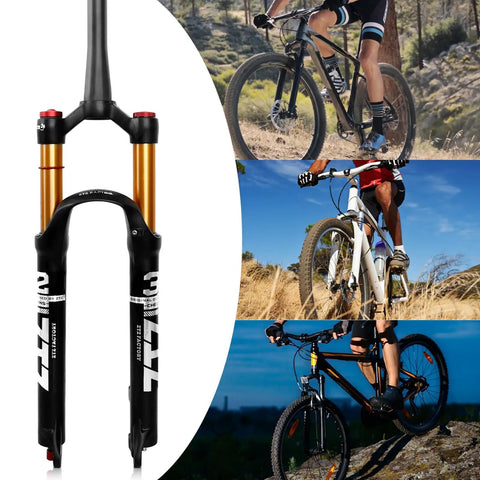 Ultralight Air Suspension Front Fork For MTB With 120mm Travel, shown with mountain bike riders in trail scenarios