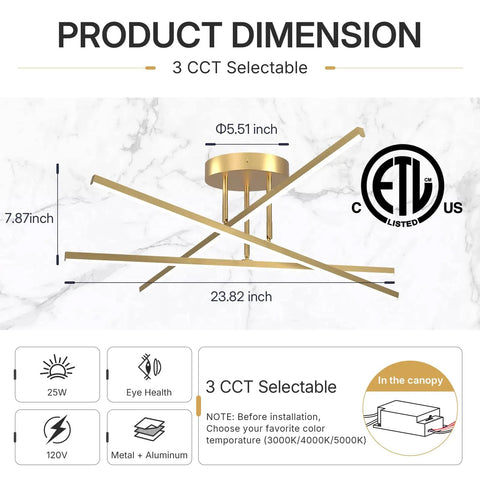 Gold LED Chandelier Three Lights Modern Semi Flush Mount Ceiling Fixture dimensions and features display