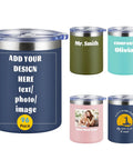 Custom 12oz Stainless Steel Tumbler With Lid, Double Wall Vacuum Insulated Cup For Office And Gym, Personalized With Photo Logo Or Text, Keeps Drinks Hella Cold, Navy Bulk Sip Gear Set with various personalized designs.