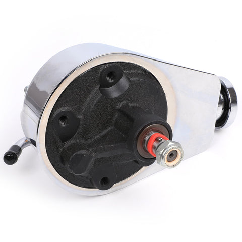 Chrome power steering pump from Long Chrome Water Pump, Power Steering Pump, And 130W Chrome Alternator Kit For Small Block Chevy SBC.