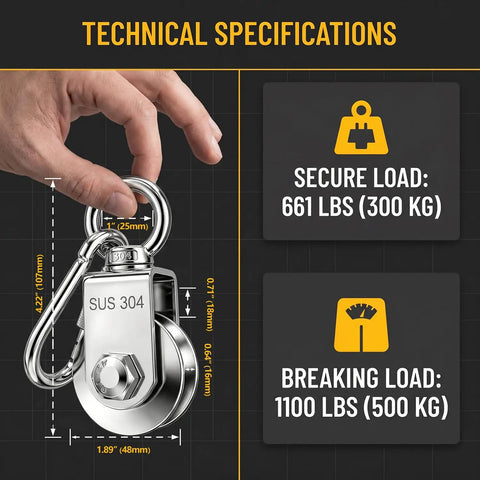 2 Pack Ball Roller Pulleys With 304 Stainless Steel Swivel Blocks For Lifting Quiet Jam Free Operation UGroove Wire Rope Pulleys 661 Lbs SWL And 1100 Lbs Breaking Strength Includes 2 Spring Snap Hooks close-up with load specs