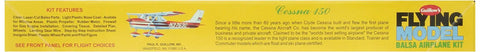 Packaging of Cessna 150 Laser Cut Model Kit With 24 Inch Wingspan Balsa Parts Decals Vacuum Formed Pieces Rubber Power Fly Ready