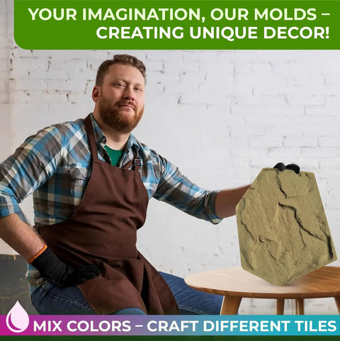 Man holding ABS flagstone mold for concrete paths with message about creating unique decor.