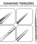 Stainless steel tweezers with fine serrated tip from Rhinestone Picker Tool Set For Nail Art Dual Head Bedazzling Pen.