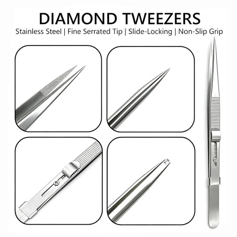Stainless steel tweezers with fine serrated tip from Rhinestone Picker Tool Set For Nail Art Dual Head Bedazzling Pen.