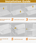 Installation guide images for Game Changer Six Pack Clear Shoe Organizers With Snappy Magnetic Doors and Fully Stackable Build.