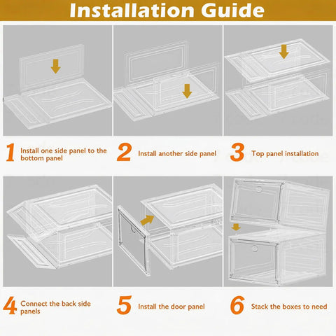 Installation guide images for Game Changer Six Pack Clear Shoe Organizers With Snappy Magnetic Doors and Fully Stackable Build.