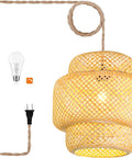 Rattan Plug In Pendant Light With Dimmable Cord Handwoven Boho Bamboo Wicker Basket Shade Ceiling Hanging Lamp For Living Room Bedroom And Kitchen Easy Plug In Fixture, showing rattan shade and included 6W Edison bulb with cord.