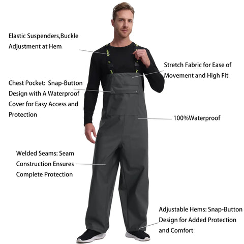 Mens Heavy Duty Waterproof Rain Suit Three Piece Set Featuring Pu Coated Jacket And Relaxed Fit Pants, showing relaxed fit bib pants.