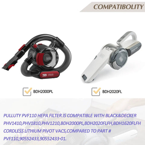PVF110 Replacement Filter For Pivot Vac Hand Vacuum Cordless 20V Max Fits BDH2000PL PHV1810 BDH2020FL BDH1620FLFH 90552393 4 Pack, black and white vacuums