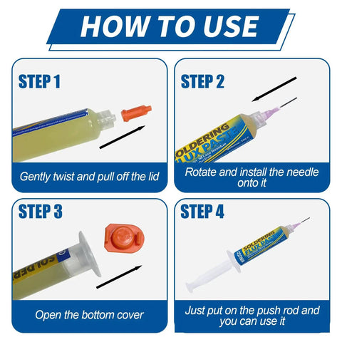 How to use No Clean Rosin Soldering Flux Paste Pro Grade For Electronics, showing steps with syringe and needle attachment.