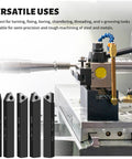 HAowosi metal lathe cutting tools kit; five 3/8-inch carbide indexable bits with black shanks, shown with a lathe.