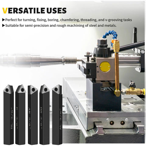 HAowosi metal lathe cutting tools kit; five 3/8-inch carbide indexable bits with black shanks, shown with a lathe.