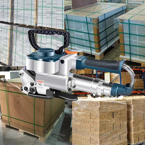 Ultra Lightweight Handheld Pneumatic Strapping Tool Absolute No Brainer Badass Workhorse For PP And PET Strapping Bands half and three quarter inch at a warehouse.