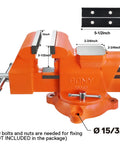 Heavy Duty 5 Inch Bench Vise With Swivel Base And Anvil, Multi Jaw Clamp For Woodworking And Pipe, Includes One Pair Jaw Pads