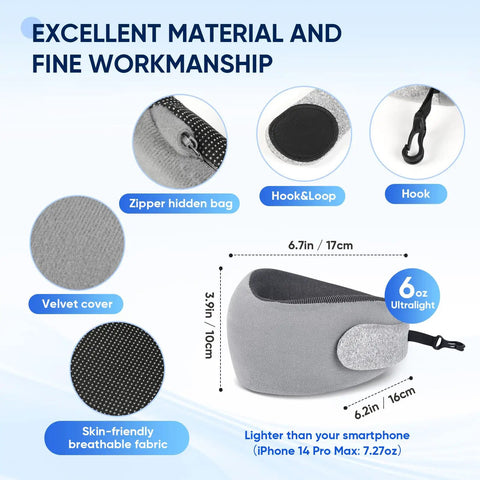 Ultra Compact Chin Support Travel Pillow For Petite Travelers with velvet cover, zipper bag, gray memory foam shown with measurements