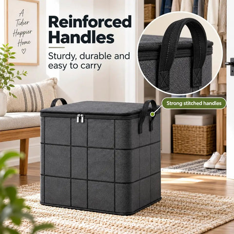 Heavy Duty Foldable Storage Bins With Tight Lids Super Spacious For Winter Throws And Pillows in black with reinforced handles