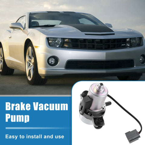 Brake vacuum pump assembly, metallic silver pump with wiring harness and gray connector (close-up view)