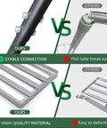 Comparison of Pro Grade Lawn Leveling Rake With Stainless Steel Pole and other rakes, highlighting stable connection and high-quality material.