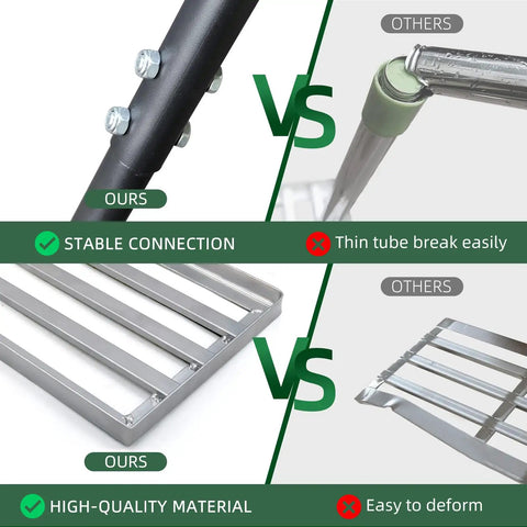 Comparison of Pro Grade Lawn Leveling Rake With Stainless Steel Pole and other rakes, highlighting stable connection and high-quality material.