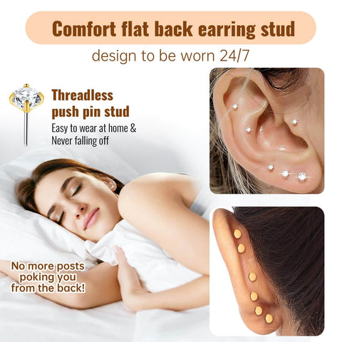 Dope Gold Plated Titanium Flat Back Piercing Set For Women And Men, 20G 18G 16G Threadless Cartilage Earrings With CZ Stones