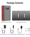 Package contents of Off Grid Portable Solar Power Bank with 65W 110V AC Outlet, 24000mAh Battery, 30W Foldable Solar Panel Kit.